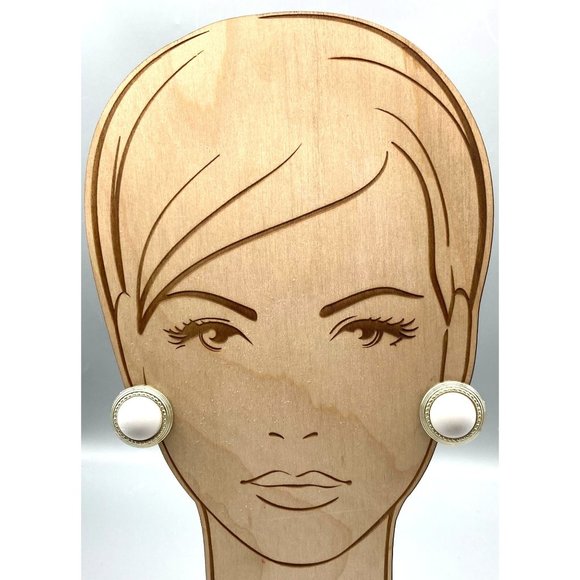 Elegant White Lucite Button Earrings with Gold Tone Frames, Vintage Chic Clip On - Picture 3 of 6